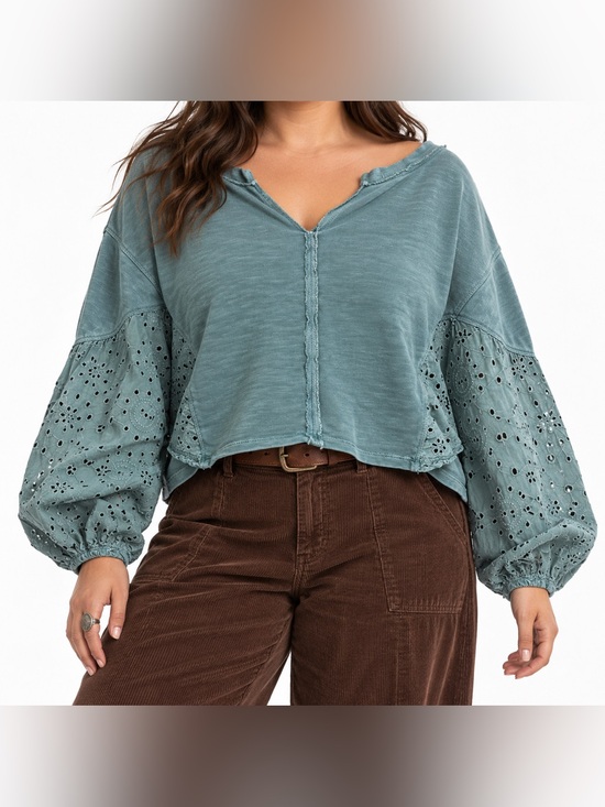 Pilcro Tops - Pilcro Anthropologie Eyelet Sleeve Cropped Sweatshirt Green Fairy Grunge XL